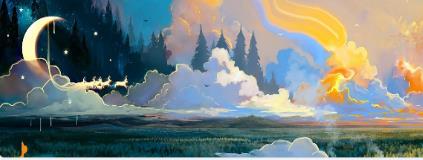 A serene landscape featuring a crescent moon, vibrant clouds, and a colorful sunrise illuminating a forested horizon. Ideal for conveying tranquility.