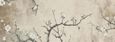 Blossoming branches with delicate white flowers against a soft beige background, enhanced by a silhouette of a bird in flight.