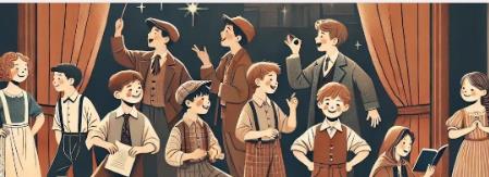 Children dressed in vintage attire perform on stage, showcasing joy and enthusiasm in a theatrical setting with velvet curtains.