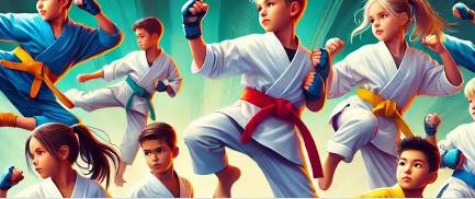 Children in various karate uniforms demonstrate kicks and stances, showcasing martial arts skills and teamwork in a vibrant, energetic setting.