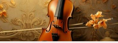 A polished violin rests against a decorative backdrop, accompanied by a bouquet of orange flowers, showcasing elegance and artistry.