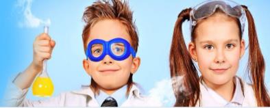 Two children, a boy holding a test tube with yellow liquid and a girl wearing goggles, smile against a blue sky background, promoting science engagement.