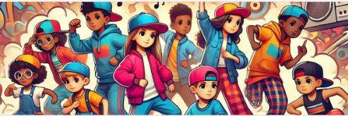 A vibrant group of animated children in urban attire strike dance poses against a colorful graffiti backdrop, showcasing youth culture and creativity.