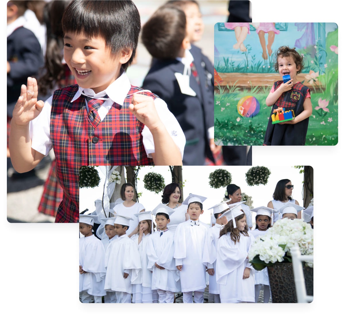 Children celebrate a milestone in graduation attire, with one joyful boy in a plaid vest dancing, and others proudly in white caps and gowns.